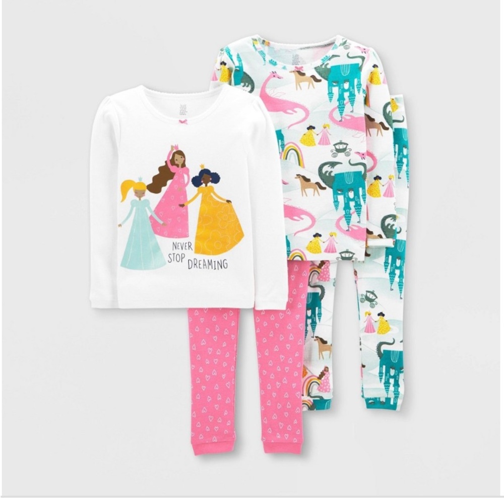 Carters Just One You Baby Girl 4 pc Princess Snug Fit Pink White Pajama Set NEW